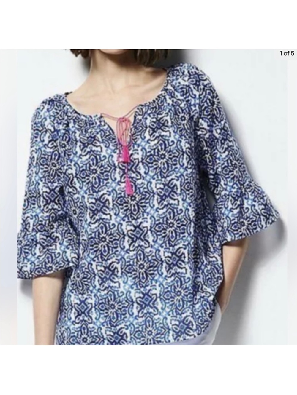 Milly Blue Printed Peasant Blouse with Pink Tassel